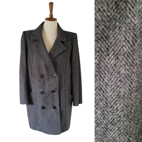 80's ALORNA Black and Gray Herringbone Wool‎ Blend Double Breasted Midi Pea Coat